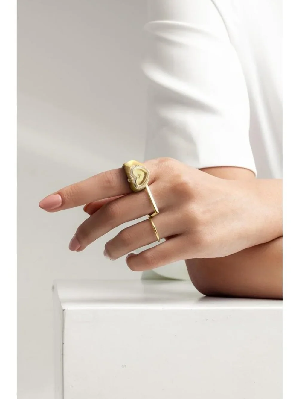 Silver Adjustable Ring Watch - Crystal Heart Bezel, Quartz Mini Dial, Stretch
